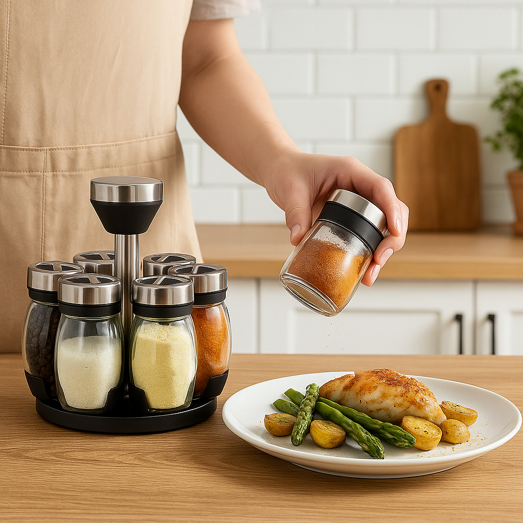 Set de Especieros Giratorio de 7 Piezas con Tapa de Acero Inoxidable