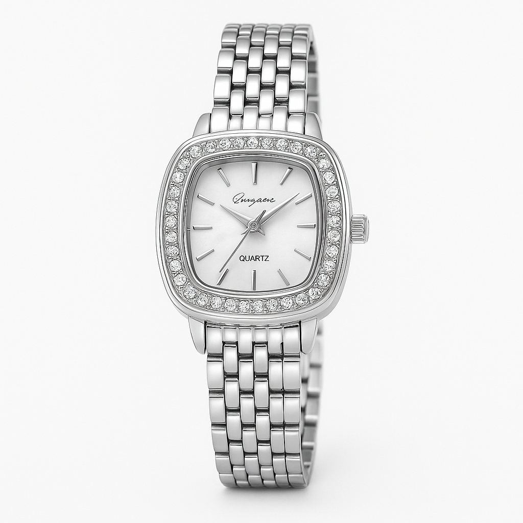 Reloj de Mujer Elegance Silver con Detalles de Cristal y Malla Metálica