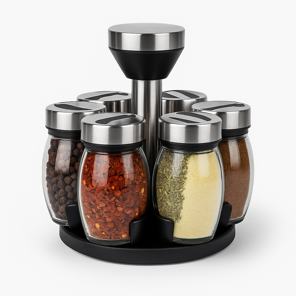 Set de Especieros Giratorio de 7 Piezas con Tapa de Acero Inoxidable