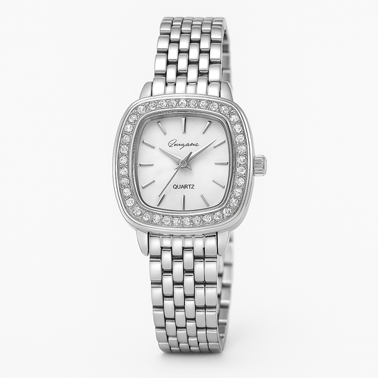 Reloj de Mujer Elegance Silver con Detalles de Cristal y Malla Metálica